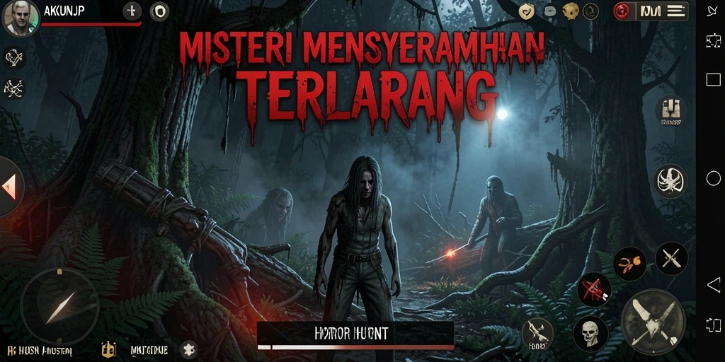 Tampilan antarmuka AKUNJP dengan suasana horor hutan yang mencekam.