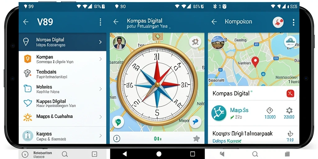 Antarmuka utama V89 yang menampilkan fungsi kompas digital.